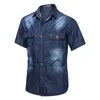 Light Blue Men's Denim Shirts Short Sleeve Thin Cotton Slim Elastic Jeans Summer High Quality Pockets Shirt 210721