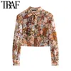 TRAF Women Fashion With Bow Tied Floral Print Cropped Blouses Vintage Long Sleeve Button-up Female Shirts Chic Tops 210721