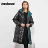 Aachoee moda quente preto para baixo jaqueta mulheres casual manga longa zíper para cima casaco de inverno feminino casaco longo com bolsos 210413