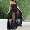 Donne di moda Mesh Maxi Dress abiti da spiaggia per le spalle Abito da club a pieghe a pieghe per le foglie di spalla 210716