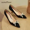 Sophitina Zamszowe Ladies High Heels Bow Elegancka Party Kobiet Buty Solidne Kolor Szpiczasty Toe Kobiet Buty Ręcznie AO159 210513