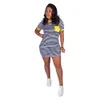 OMSJ Kvinnor Casual Fickor Stripe Bodycon Dress O Neck Kortärmad T Shirt Mini Kvinna Mode Kläder Sommar Vestidos 210517