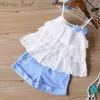 Humor Bear Summer Baby Girls Clothes Suit Shoulder 3D Rose Flower Top+ Shorts Girls' Clothing Sets 2-6Y Outfit X0902