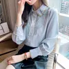 Koreańskie jedwabne koszule satynowe bluzki z długim rękawem kobieta haft koronki bluzka Peter Pan Floral 210427