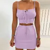 Lace Up Bodycon Sommarklänning Två Pieces Set Kvinnor Sexig Mini Sundress Suits Crop Top Purple Party Beach Boho Dresses 210415