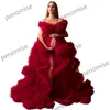 Red Tulle Prom Dresses szaty macierzyńskie dla fotografii Strzelać Warszały Ruffles Bridal Ciąża Suknie Suknie