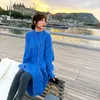 Koreanische Langarm Rundhals Plus Zise Dicke Strick Damen Kleid Lose Warme Blaue Pullover Kleider 5 Farbe Pullover Gestrickte 210510