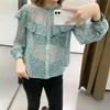 Za Ruffle Print Chiffon Blouse Women Fashion O-neck Long Sleeve Transparent Shirts Woman Front Button Vintage Top 210602