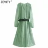 Women Vintage V Neck Dots Print Sashes Pleated Midi Dress Femme Chic Puff Sleeve Casual Slim Summer A Line Vestido DS8141 210416