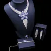 Fleur bleue luxe femmes mariage nigérian Naija mariée cubique zircone cristal collier anneau bracelet boucle d'oreille Dubaï ensemble de bijoux 4 pièces H1022