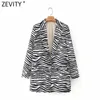 Women Vintage Zebra Striped Print Fitting Blazer Coat Office Lady Long Sleeve Pocket Suits Outerwear Chic Tops CT688 210416