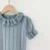 Baby Girl Hollow Out T-shirt Summer Kids Short Sleeve Lotus Leaf Collar Knit Infant Clothes 210429