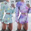 Comfort Casual Cute Fluffy 2 Pcs Matching Sets Solid Star Print Long Sleeve Crop Top And Lace Up Shorts Women Pajamas Home Wear 210517