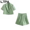 INS Basit Moda Takım Elbise İki Parçalı Set Kadınlar Yeşil Pamuk Keten Blazer Rahat Şort Kısa Takım Elbise Yaz 210427