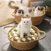 Pet Bed for Cats Supplies Hand Woven Rattan Soft Round Basket Nest Breathable Mat Sleeping Cool 211111