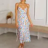 夏のエレガントなセクシーなビーチロングレーススリングドレス女性のファッションプリント花レディースホルターボハプリントドレス女性vestidos 210514
