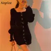 NEPLOE Square Collar Clavicle Exposed Sexy Party Dress Kobiety Wysokiej Talii Hip Skinny Vestid Vestidos Pullover Długi Rękaw Robe 210423