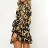 Womens Floral Leaf Printed Lantern Sleeve Empire Dress Ladies Summer Beach Casual Mini Dress women 210518