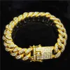 Iced Out Micro Paved Link Chain 15mm Golden Miami Curb Cuban Chains Cz Bling Rapper Bracelet For Men Hiphop Jewelry 211124