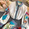 Bahar Pist Etek Suit kadın Zarif Yay Down Yaka Ruffles Bluzebeading İnciler Mermaid 2 Parça Setleri 210416