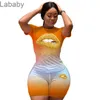 Mulheres Tracksuits Dois Peças Set Deisgner Sexy Manga Curta T-shirt Shorts Cor Sólida Cor de Yoga Outfits Lip Letra Impresso Plus Size Sportwear