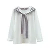 Damskie Długie Rękawy Stripe Scarf Patchwork T-Shirt Tee Jesień Kobieta O Neck Pullover Casual Tops Tees A2757 210428