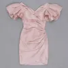 Sommarkvinnor V-ringning Mini Dress Fashion Wood Ear Lantern Sleeve Pleated Slim Pink Dress Club Celebrity Party Dresses 210625