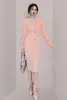 Donne a v-collo Sexy Design del marchio Elegante Pink Single Slim Spring Dress Funge a maniche lunghe Midi Abiti 210506