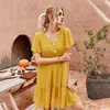 Sukienki letnie Kobiety Elegancka Czarna Sukienka Wysoka Talia Dorywczo Luźne V-Neck Party Yellow Boho Szyfonowe Damskie Sundress Odzież 210514