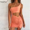 Nadafair Cut Out Sexig Mini Party Summer Dress Club Outfit Ruched One Shoulder Sheath Bandage 2021 Short Brown Bodycon Dress Y0603