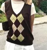 Argyle patroon v-hals gebreide trui vest vrouwen herfst mouwloze plaid casual trui y2k top streetwear outfit 210510