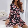 Spring Summer Flower Print Dress Women V Neck Casual Three Quarter Sleeve Ruffles Split Dress Female Elegant A Line Party 2021 X0521