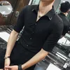 Men 2021 Male Half Sleeve Hawaiian Shirts Casual Metal Buckle Hit Color Slim Fit Black Men's Dress Blouses