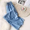 Longitud del piso Pierna ancha Baggy Pantalones largos Mujeres Verano Fresco Tela de hielo Estilo coreano Mujer Pantalones de cintura alta Azul 210421