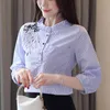 Blusas Mujer夏のトップブラウス女性カジュアル刺繍ストライプオフィスシフォンブラウスシャツポケットルーズトップス8148 210512