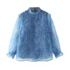 Elegante OrganBlue Mulheres Blusas ver através de três quartos camisas de manga feminina azul elegante casual tops blusas 210430
