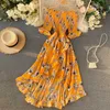 Women Ruffles Kleid Boho Dress Summer Off Shoulder Slim High Waist Vintage Floral Print Dresses Sexy Ladies Beach Long Robe 210525