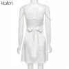 Klalien Fashion Elegante Arco Carino Sweet Sweet Lace Up White Donne Dress Summer Pearl Pendente a V Neck A-Line Sling Mini Dress 210630