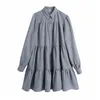 Kleid Frauen Grau Hemd Mini Frau Herbst Kragen Button Up Rüschen Langarm Casual Vintage Damen e 210519