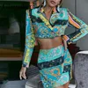 Glamaker Chinese Stijl Blazer Jacket Rokken Suits Sexy V-hals Cropped Top Jas en Onregelmatige Mini Rok Dames Gedrukte Groene Chic 220302