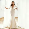 Modest Satin Mermaid Wedding Gowns With Long Sleeves Plunging V Neck Beaded Sexy Bridal Dresses Court Train Elegant Simple Boho Garden Robes de Mariée AL9500