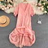 Neploe French Lace Hook Flower Temperament Dress Women High Waist Hip Mermaid Vestidos Solid V Neck Short Sleeve Robe Summer 210423