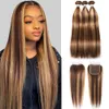 Mettez en surbrillance les cheveux raides brésiliens 3 faisceaux avec fermetures Partie libre P4 / 27 Couleur Full Soft Dyeable