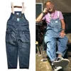 Distressed Blue Denim Overaller Mäns Arbetslastbyxor Gammal skola Easy Chic Worker Multi-Pocket Bib Byxor Män Casual Dad Jeans 210723