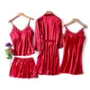 JULY'S SONG 4 Piece Sexy Pajamas Set Women Faux Silk Dressing Gown Lace Sling Shorts Summer Robe Sleepwear With Chest Pads 210928