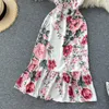 Şifon Çiçek Baskı Elbise Yaz Kadın Moda V Yaka Halter Kayışı Yüksek Bel Ince Kolsuz Vestidos L941 210527