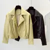 Women Loose Leather Jacket Spring Autumn Batwing Sleeve Biker Moto Faux Coat Female Yellow Short Pvc Outwear 210525