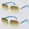 Nouvelles lunettes de soleil vintage sans monture T8200768 Lunettes de soleil en bois Cadre en bois bleu Mode C Décoration Or 18 carats Grand cadre carré mâle et femelle Lentille UV400