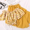 Summer Chiffon 2 Pieces Set Women Off Shoulder Plaid Crop Tops Blouse + Wide Leg Pants Casual New Suit Korean Outfit 210417