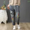 Lente Korea Mode Vrouwen Losse Vintage Ripped Borduurwerk Jeans All-Patched Casual Elastic Taille Denim Harem Broek S646 210512